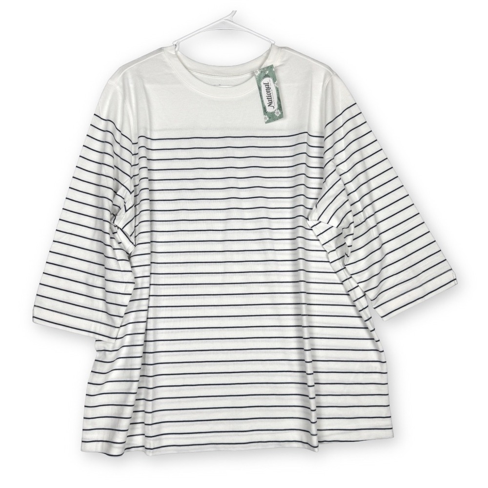 National UltraSofts Womens 2X White Navy Blue Striped 3/4 Sleeve Top 23839